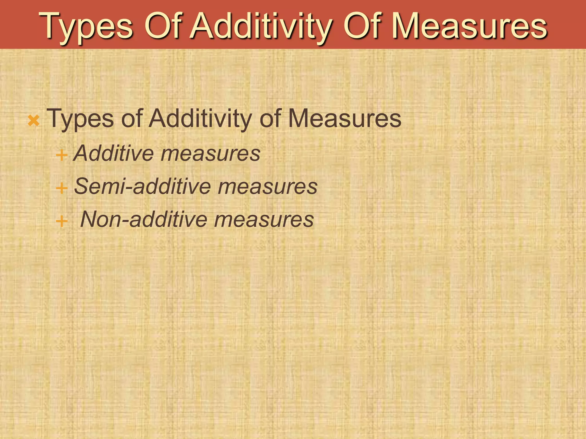  Types of Additivity of Measures
 Additive measures
 Semi-additive measures
 Non-additive measures
Types Of Additivity Of Measures
 