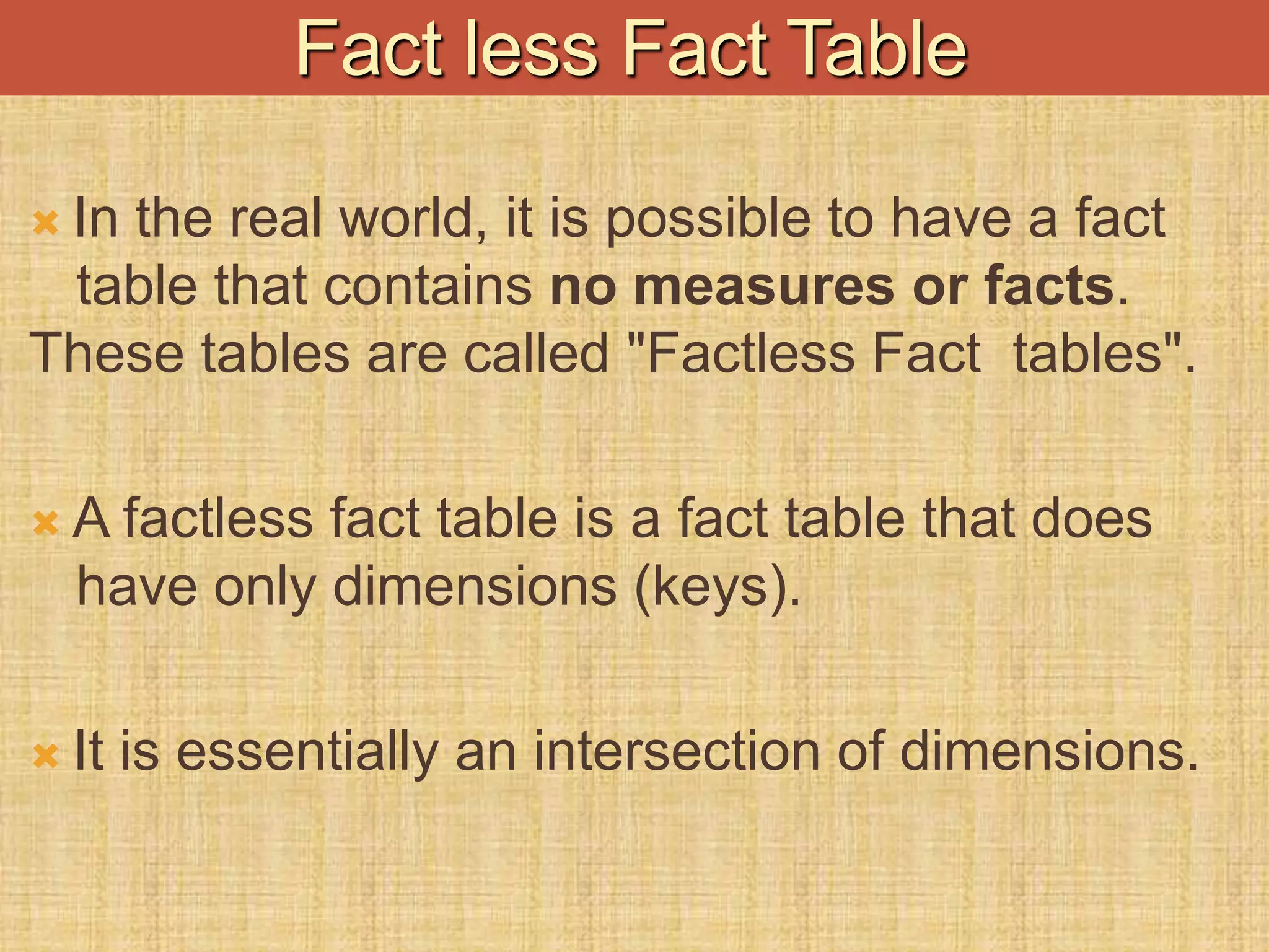  In the real world, it is possible to have a fact
table that contains no measures or facts.
These tables are called "Factless Fact tables".
 A factless fact table is a fact table that does
have only dimensions (keys).
 It is essentially an intersection of dimensions.
Fact less Fact Table
 