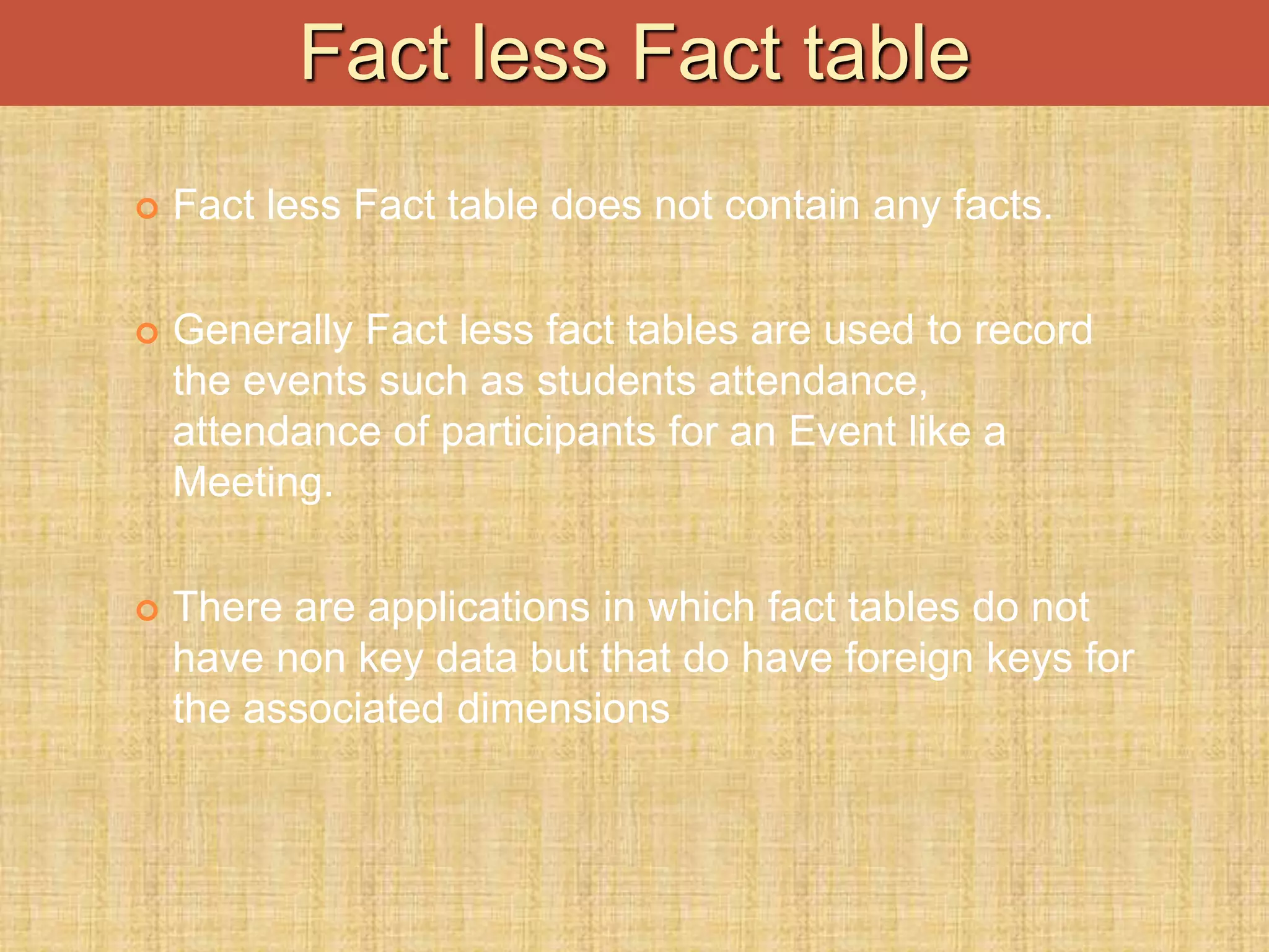  Fact less Fact table does not contain any facts.
 Generally Fact less fact tables are used to record
the events such as students attendance,
attendance of participants for an Event like a
Meeting.
 There are applications in which fact tables do not
have non key data but that do have foreign keys for
the associated dimensions
Fact less Fact table
 