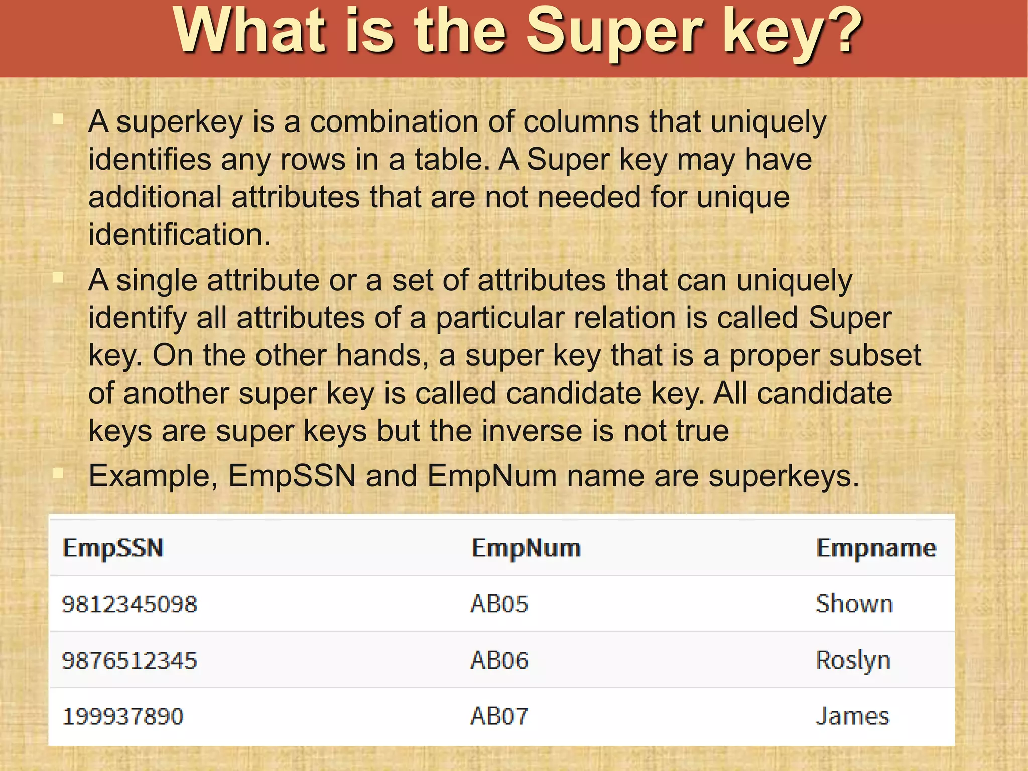  A superkey is a combination of columns that uniquely
identifies any rows in a table. A Super key may have
additional attributes that are not needed for unique
identification.
 A single attribute or a set of attributes that can uniquely
identify all attributes of a particular relation is called Super
key. On the other hands, a super key that is a proper subset
of another super key is called candidate key. All candidate
keys are super keys but the inverse is not true
 Example, EmpSSN and EmpNum name are superkeys.
What is the Super key?
 