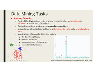Data Mining Tasks
■ Anomaly Detection:
– Task of identifying observations whose characteristics are significantly
different from the rest of the data.
– Such observations are known as anomalies or outliers.
– A good anomaly detector must have a high detection rate and a low false alarm
rate.
– Applications of anomaly detection include
■ the detection of fraud,
■ the detection of fraud,
■ network intrusions,
■ unusual patterns of disease, and
■ ecosystem disturbances
https://commons.wikimedia.org/wiki/File:Anomalous_Web_Traffi
c.png
 