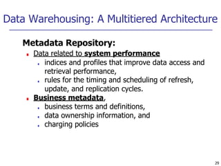 Data Warehousing: A Multitiered Architecture
29
Metadata Repository:
■ Data related to system performance
■ indices and profiles that improve data access and
retrieval performance,
■ rules for the timing and scheduling of refresh,
update, and replication cycles.
■ Business metadata,
■ business terms and definitions,
■ data ownership information, and
■ charging policies
 
