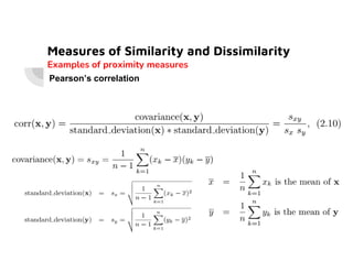 Measures of Similarity and Dissimilarity
Examples of proximity measures
Pearson’s correlation
 