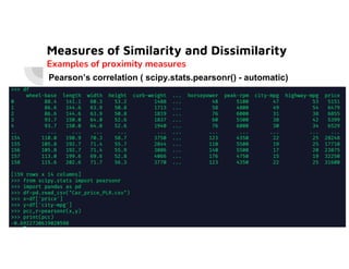 Measures of Similarity and Dissimilarity
Examples of proximity measures
Pearson’s correlation ( scipy.stats.pearsonr() - automatic)
 