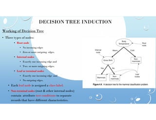 DECISION TREE INDUCTION
Working of Decision Tree
• Three types of nodes:
• Root node
• No incoming edges
• Zero or more outgoing edges.
• Internal nodes
• Exactly one incoming edge and
• Two or more outgoing edges.
• Leaf or terminal nodes
• Exactly one incoming edge and
• No outgoing edges.
• Each leaf node is assigned a class label.
• Non-terminal nodes (root & other internal nodes)
contain attribute test conditions to separate
records that have different characteristics.
 