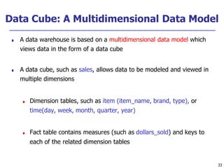 33
Data Cube: A Multidimensional Data Model
■ A data warehouse is based on a multidimensional data model which
views data in the form of a data cube
■ A data cube, such as sales, allows data to be modeled and viewed in
multiple dimensions
■ Dimension tables, such as item (item_name, brand, type), or
time(day, week, month, quarter, year)
■ Fact table contains measures (such as dollars_sold) and keys to
each of the related dimension tables
 