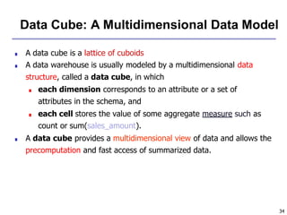 34
Data Cube: A Multidimensional Data Model
■ A data cube is a lattice of cuboids
■ A data warehouse is usually modeled by a multidimensional data
structure, called a data cube, in which
■ each dimension corresponds to an attribute or a set of
attributes in the schema, and
■ each cell stores the value of some aggregate measure such as
count or sum(sales_amount).
■ A data cube provides a multidimensional view of data and allows the
precomputation and fast access of summarized data.
 