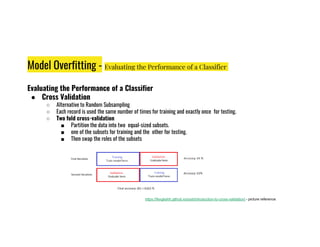 Model Overfitting - Evaluating the Performance of a Classifier
Evaluating the Performance of a Classifier
● Cross Validation
○ Alternative to Random Subsampling
○ Each record is used the same number of times for training and exactly once for testing.
○ Two fold cross-validation
■ Partition the data into two equal-sized subsets.
■ Partition the data into two equal-sized subsets.
■ one of the subsets for training and the other for testing.
■ Then swap the roles of the subsets
https://fengkehh.github.io/post/introduction-to-cross-validation/ - picture reference
 