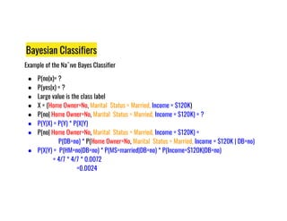 Bayesian Classifiers
Example of the Na¨ıve Bayes Classifier
● P(no|x)= ?
● P(yes|x) = ?
● Large value is the class label
● X = (Home Owner=No, Marital Status = Married, Income = $120K)
P(no| Home Owner=No, Marital Status = Married, Income = $120K) = ?
● P(no| Home Owner=No, Marital Status = Married, Income = $120K) = ?
● P(Y|X) = P(Y) * P(X|Y)
● P(no| Home Owner=No, Marital Status = Married, Income = $120K) =
P(DB=no) * P(Home Owner=No, Marital Status = Married, Income = $120K | DB=no)
● P(X|Y) = P(HM=no|DB=no) * P(MS=married|DB=no) * P(Income=$120K|DB=no)
= 4/7 * 4/7 * 0.0072
=0.0024
 