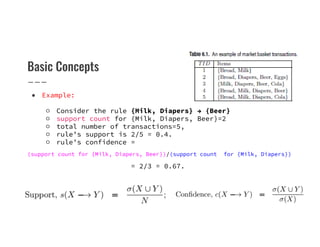 Basic Concepts
● Example:
○ Consider the rule {Milk, Diapers} → {Beer}
○ support count for {Milk, Diapers, Beer}=2
○ total number of transactions=5,
○ support count for {Milk, Diapers, Beer}=2
○ total number of transactions=5,
○ rule’s support is 2/5 = 0.4.
○ rule’s confidence =
(support count for {Milk, Diapers, Beer})/(support count for {Milk, Diapers})
= 2/3 = 0.67.
 