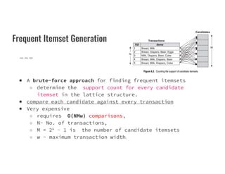 Frequent Itemset Generation
● A brute-force approach for finding frequent itemsets
○ determine the support count for every candidate
○ determine the support count for every candidate
itemset in the lattice structure.
● compare each candidate against every transaction
● Very expensive
○ requires O(NMw) comparisons,
○ N- No. of transactions,
○ M = 2k − 1 is the number of candidate itemsets
○ w - maximum transaction width.
 