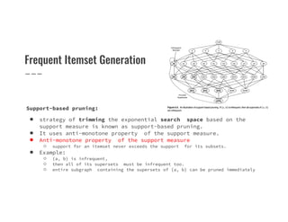 Frequent Itemset Generation
Support-based pruning:
Support-based pruning:
● strategy of trimming the exponential search space based on the
support measure is known as support-based pruning.
● It uses anti-monotone property of the support measure.
● Anti-monotone property of the support measure
○ support for an itemset never exceeds the support for its subsets.
● Example:
○ {a, b} is infrequent,
○ then all of its supersets must be infrequent too.
○ entire subgraph containing the supersets of {a, b} can be pruned immediately
 