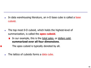 40
■ In data warehousing literature, an n-D base cube is called a base
cuboid.
■ The top most 0-D cuboid, which holds the highest-level of
summarization, is called the apex cuboid.
■ In our example, this is the total sales, or dollars sold,
summarized over all four dimensions.
■ The apex cuboid is typically denoted by all.
■ The lattice of cuboids forms a data cube.
 