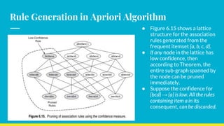 Rule Generation in Apriori Algorithm
● Figure 6.15 shows a lattice
structure for the association
rules generated from the
frequent itemset {a, b, c, d}.
● If any node in the lattice has
low confidence, then
according to Theorem, the
entire sub-graph spanned by
the node can be pruned
immediately.
● Suppose the confidence for
{bcd} → {a} is low. All the rules
containing item a in its
consequent, can be discarded.
 
