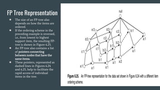 FP Tree Representation
● The size of an FP-tree also
depends on how the items are
ordered.
● If the ordering scheme in the
preceding example is reversed,
i.e., from lowest to highest
support item, the resulting FP-
tree is shown in Figure 6.25.
● An FP-tree also contains a list
of pointers connecting
between nodes that have the
same items.
● These pointers, represented as
dashed lines in Figures 6.24
and 6.25, help to facilitate the
rapid access of individual
items in the tree.
 
