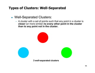 Types of Clusters: Well-Separated
● Well-Separated Clusters:
– A cluster with a set of points such that any point in a cluster is
closer (or more similar) to every other point in the cluster
than to any point not in the cluster.
11
3 well-separated clusters
 
