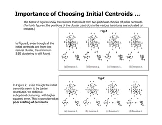 Importance of Choosing Initial Centroids …
The below 2 figures show the clusters that result from two particular choices of initial centroids.
(For both figures, the positions of the cluster centroids in the various iterations are indicated by
crosses.)
Fig-1
In Figure1, even though all the
initial centroids are from one
natural cluster, the minimum
SSE clustering is still found
In Figure 2, even though the initial
centroids seem to be better
distributed, we obtain a
suboptimal clustering, with higher
squared error. This is considered as
poor starting of centroids
Fig-2
 