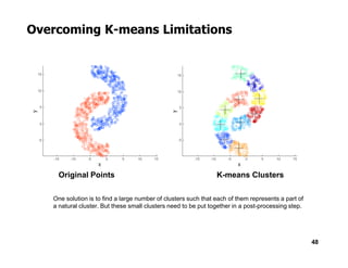 Overcoming K-means Limitations
48
Original Points K-means Clusters
One solution is to find a large number of clusters such that each of them represents a part of
a natural cluster. But these small clusters need to be put together in a post-processing step.
 