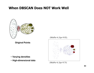 When DBSCAN Does NOT Work Well
(MinPts=4, Eps=9.92).
83
Original Points
(MinPts=4, Eps=9.92).
(MinPts=4, Eps=9.75)
• Varying densities
• High-dimensional data
 