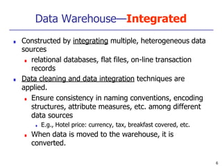 Data Warehouse—Integrated
6
■ Constructed by integrating multiple, heterogeneous data
sources
■ relational databases, flat files, on-line transaction
records
■ Data cleaning and data integration techniques are
applied.
■ Ensure consistency in naming conventions, encoding
structures, attribute measures, etc. among different
data sources
■ E.g., Hotel price: currency, tax, breakfast covered, etc.
■ When data is moved to the warehouse, it is
converted.
 