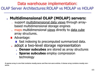 Data warehouse implementation:
OLAP Server Architectures:ROLAP vs MOLAP vs HOLAP
103
■ Multidimensional OLAP (MOLAP) servers:
■ support multidimensional data views through array-
based multidimensional storage engines
■ maps multidimensional views directly to data cube
array structures.
■ Advantage:
■ fast indexing to precomputed summarized data.
■ adopt a two-level storage representation
■ Denser subcubes are stored as array structures
■ Sparse subcubes employ compression
technology
A sparse array is one that contains mostly zeros and few non-zero entries. A dense array contains mostly non-
zeros.
 