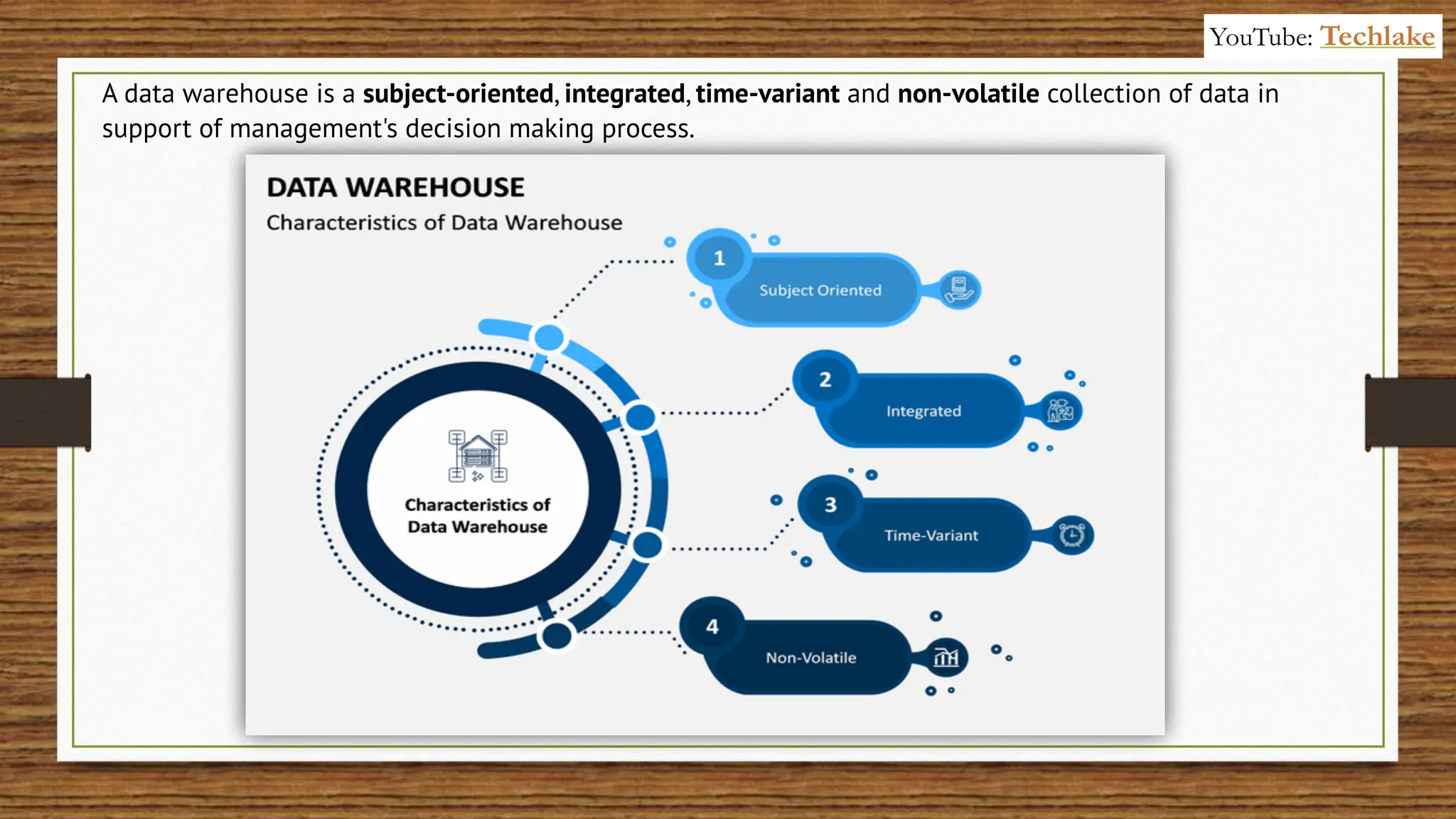 A data warehouse is a subject-oriented, integrated, time-variant and non-volatile collection of data in
support of management's decision making process.
YouTube: Techlake
 