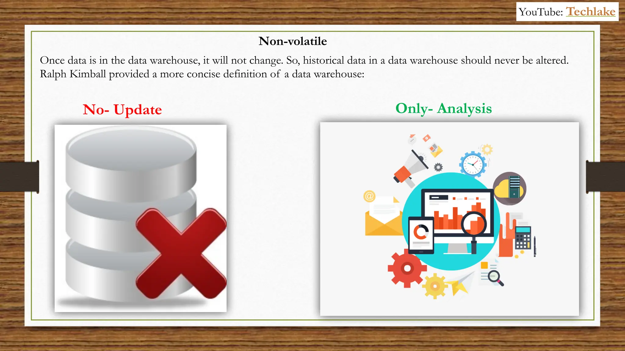 Once data is in the data warehouse, it will not change. So, historical data in a data warehouse should never be altered.
Ralph Kimball provided a more concise definition of a data warehouse:
Non-volatile
No- Update Only- Analysis
YouTube: Techlake
 