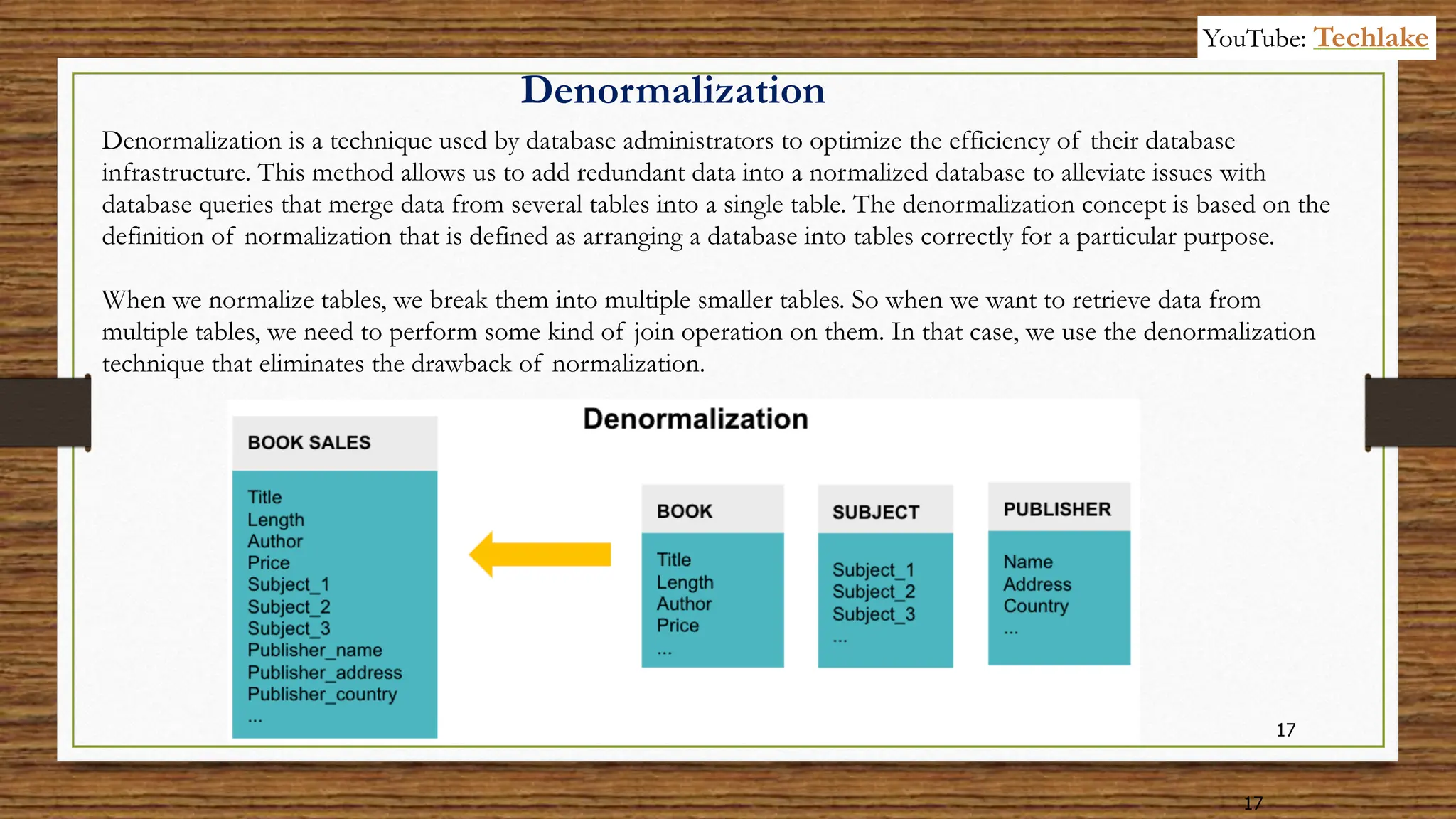 17
17
Denormalization is a technique used by database administrators to optimize the efficiency of their database
infrastructure. This method allows us to add redundant data into a normalized database to alleviate issues with
database queries that merge data from several tables into a single table. The denormalization concept is based on the
definition of normalization that is defined as arranging a database into tables correctly for a particular purpose.
When we normalize tables, we break them into multiple smaller tables. So when we want to retrieve data from
multiple tables, we need to perform some kind of join operation on them. In that case, we use the denormalization
technique that eliminates the drawback of normalization.
Denormalization
YouTube: Techlake
 
