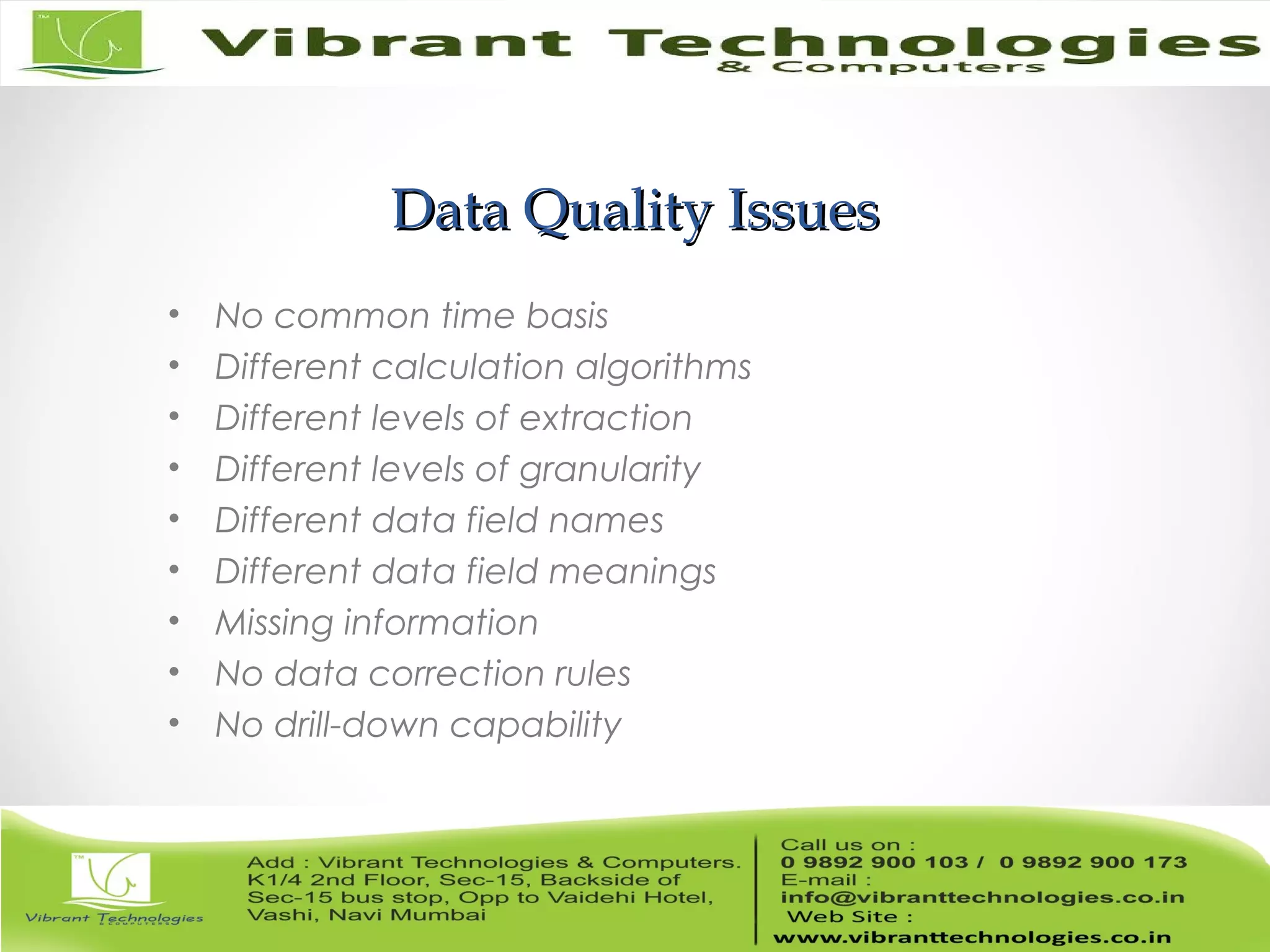 Data Quality IssuesData Quality Issues
• No common time basis
• Different calculation algorithms
• Different levels of extraction
• Different levels of granularity
• Different data field names
• Different data field meanings
• Missing information
• No data correction rules
• No drill-down capability
 