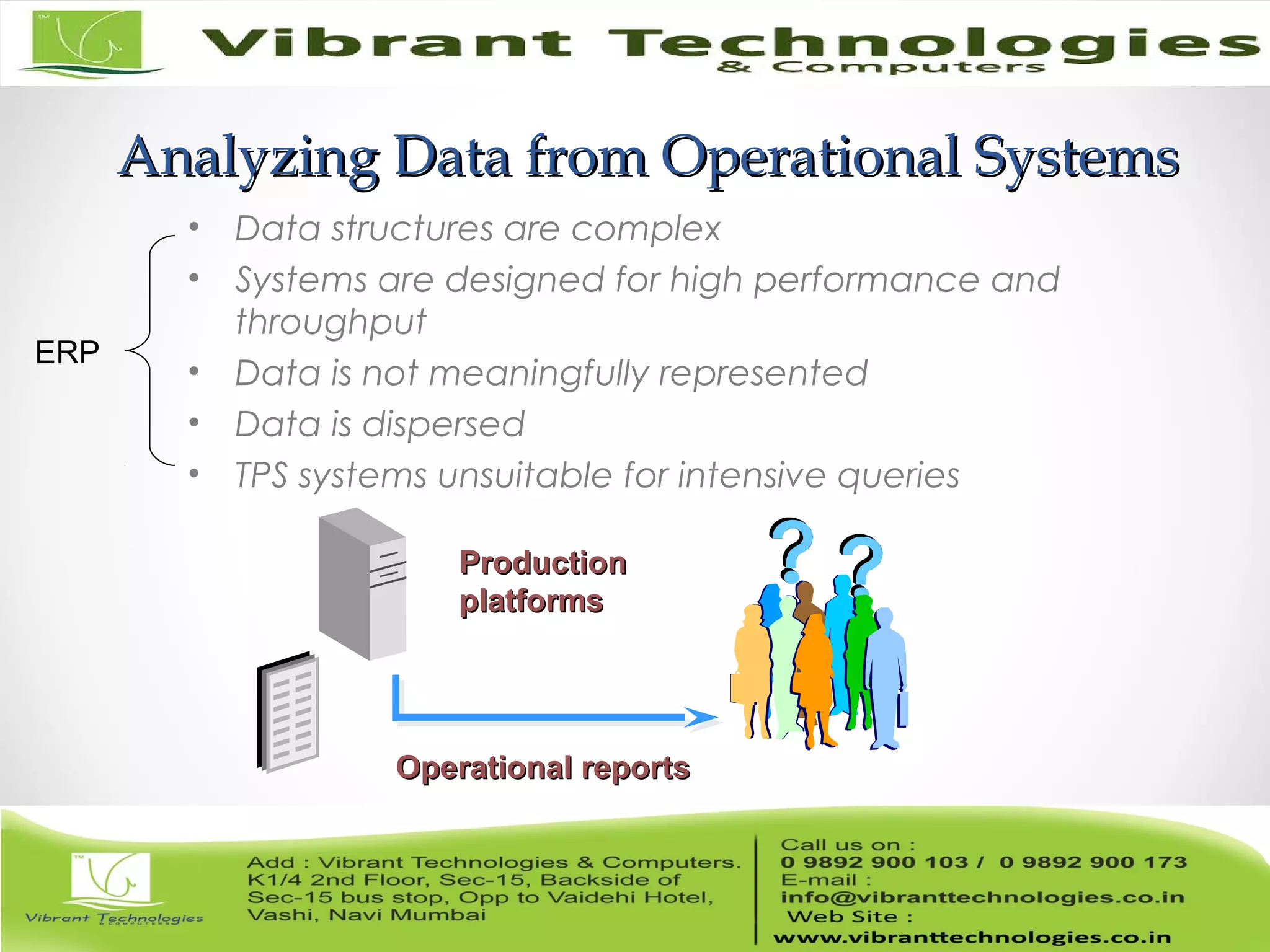 Analyzing Data from Operational SystemsAnalyzing Data from Operational Systems
• Data structures are complex
• Systems are designed for high performance and
throughput
• Data is not meaningfully represented
• Data is dispersed
• TPS systems unsuitable for intensive queries
Operational reportsOperational reports
ProductionProduction
platformsplatforms
ERP
 