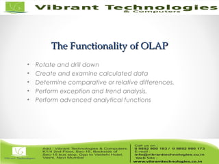 The Functionality of OLAPThe Functionality of OLAP
• Rotate and drill down
• Create and examine calculated data
• Determine comparative or relative differences.
• Perform exception and trend analysis.
• Perform advanced analytical functions
 