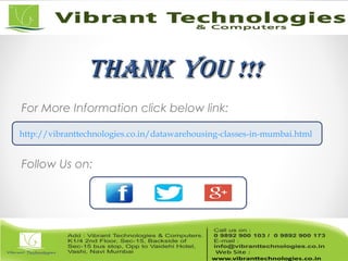 ThankThank You !!!You !!!
For More Information click below link:
Follow Us on:
http://vibranttechnologies.co.in/datawarehousing-classes-in-mumbai.html
 