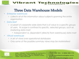 Three Data Warehouse ModelsThree Data Warehouse Models
• Enterprise warehouse
o collects all of the information about subjects spanning the entire
organization
• Data Mart
o a subset of corporate-wide data that is of value to a specific groups
of users. Its scope is confined to specific, selected groups, such as
marketing data mart
• Independent vs. dependent (directly from warehouse) data mart
• Virtual warehouse
o A set of views over operational databases
o Only some of the possible summary views may be materialized
 