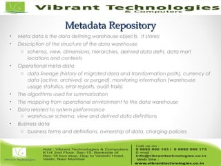 Metadata RepositoryMetadata Repository
• Meta data is the data defining warehouse objects. It stores:
• Description of the structure of the data warehouse
o schema, view, dimensions, hierarchies, derived data defn, data mart
locations and contents
• Operational meta-data
o data lineage (history of migrated data and transformation path), currency of
data (active, archived, or purged), monitoring information (warehouse
usage statistics, error reports, audit trails)
• The algorithms used for summarization
• The mapping from operational environment to the data warehouse
• Data related to system performance
o warehouse schema, view and derived data definitions
• Business data
o business terms and definitions, ownership of data, charging policies
 
