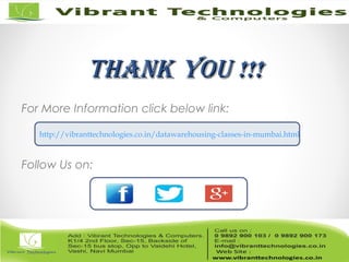 ThankThank You !!!You !!!
For More Information click below link:
Follow Us on:
http://vibranttechnologies.co.in/datawarehousing-classes-in-mumbai.html
 