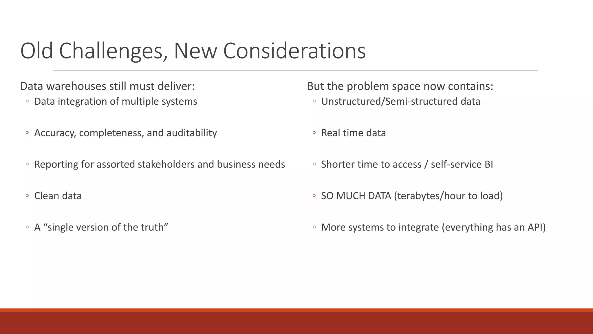 Old Challenges, New Considerations
Data warehouses still must deliver:
◦ Data integration of multiple systems
◦ Accuracy, completeness, and auditability
◦ Reporting for assorted stakeholders and business needs
◦ Clean data
◦ A “single version of the truth”
But the problem space now contains:
◦ Unstructured/Semi-structured data
◦ Real time data
◦ Shorter time to access / self-service BI
◦ SO MUCH DATA (terabytes/hour to load)
◦ More systems to integrate (everything has an API)
 