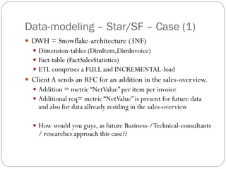 Data-modeling – Star/SF – Case (1)
 DWH = Snowflake-architecture (3NF)
 Dimension-tables (DimItem,DimInvoice)
 Fact-table (FactSalesStatistics)
 ETL comprises a FULL and INCREMENTAL-load
 Client A sends an RFC for an addition in the sales-overview.
 Addition = metric “NetValue” per item per invoice
 Additional req= metric “NetValue” is present for future data
and also for data allready residing in the sales-overview
 How would you guys, as future Business-/Technical-consultants
/ researches approach this case??
 