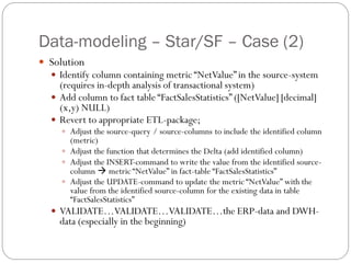 Data-modeling – Star/SF – Case (2)
 Solution
 Identify column containing metric “NetValue” in the source-system
(requires in-depth analysis of transactional system)
 Add column to fact table “FactSalesStatistics” ([NetValue] [decimal]
(x,y) NULL)
 Revert to appropriate ETL-package;
 Adjust the source-query / source-columns to include the identified column
(metric)
 Adjust the function that determines the Delta (add identified column)
 Adjust the INSERT-command to write the value from the identified source-
column  metric “NetValue” in fact-table “FactSalesStatistics”
 Adjust the UPDATE-command to update the metric “NetValue” with the
value from the identified source-column for the existing data in table
“FactSalesStatistics”
 VALIDATE…VALIDATE…VALIDATE…the ERP-data and DWH-
data (especially in the beginning)
 