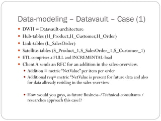 Data-modeling – Datavault – Case (1)
 DWH = Datavault-architecture
 Hub-tables (H_Product,H_Customer,H_Order)
 Link-tables (L_SalesOrder)
 Satellite-tables (S_Product_1,S_SalesOrder_1,S_Customer_1)
 ETL comprises a FULL and INCREMENTAL-load
 ClientA sends an RFC for an addition in the sales-overview.
 Addition = metric “NetValue” per item per order
 Additional req= metric “NetValue is present for future data and also
for data allready residing in the sales-overview
 How would you guys, as future Business-/Technical-consultants /
researches approach this case??
 