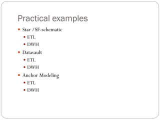 Practical examples
 Star /SF-schematic
 ETL
 DWH
 Datavault
 ETL
 DWH
 Anchor Modeling
 ETL
 DWH
 