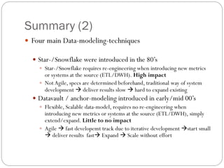 Summary (2)
 Four main Data-modeling-techniques
 Star-/Snowflake were introduced in the 80’s
 Star-/Snowflake requires re-engineering when introducing new metrics
or systems at the source (ETL/DWH). High impact
 Not Agile, specs are determined beforehand, traditional way of system
development  deliver results slow  hard to expand existing
 Datavault / anchor-modeling introduced in early/mid 00’s
 Flexible, Scalable data-model, requires no re-engineering when
introducing new metrics or systems at the source (ETL/DWH), simply
extend/expand. Little to no impact
 Agile  fast developemt track due to iterative development start small
 deliver results fast Expand  Scale without effort
 