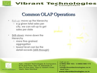 Common OLAP OperationsCommon OLAP Operations
• Roll-up: move up the hierarchy
o e.g given total sales per
city, we can roll-up to get
sales per state
• Drill-down: move down the
hierarchy
o more fine-grained
aggregation
o lowest level can be the
detail records (drill-through)
category region year
product country quarter
state month week
city day
store
PRODUCT LOCATION TIME
 