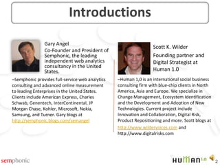 IntroductionsGary AngelCo-Founder and President of Semphonic, the leading independent web analytics consultancy in the United States. Scott K. WilderFounding partner and Digital Strategist at Human 1.0Human 1,0 is an international social business consulting firm with blue-chip clients in North America, Asia and Europe. We specialize in Change Management, Ecosystem Identification and the Development and Adoption of New Technologies. Current project include Innovation and Collaboration, Digital Risk, Product Repositioning and more. Scott blogs athttp://www.wildervoices.com and http://www.digitalrisks.comSemphonic provides full-service web analytics consulting and advanced online measurement to leading Enterprises in the United States. Clients include American Express, Charles Schwab, Genentech, InterContinental, JP Morgan Chase, Kohler, Microsoft, Nokia, Samsung, and Turner. Gary blogs at http://semphonic.blogs.com/semangelData Warehousing Social Media DataOverviewWhy CRMThe WarehouseLevels of DataCompany-DirectChannel PresenceHandleEngagement and TopicComplete ModelAgenda