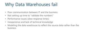 Why Data Warehouses fail
• Poor communication between IT and the business
• Not setting up time to “validate the numbers”
• Performance issues (slow response times)
• Inexperience and lack of technical knowledge
• Modeling the data warehouse to reflect the source data rather than the
business
 