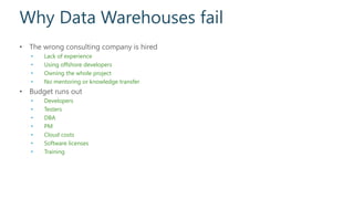 Why Data Warehouses fail
• The wrong consulting company is hired
• Lack of experience
• Using offshore developers
• Owning...