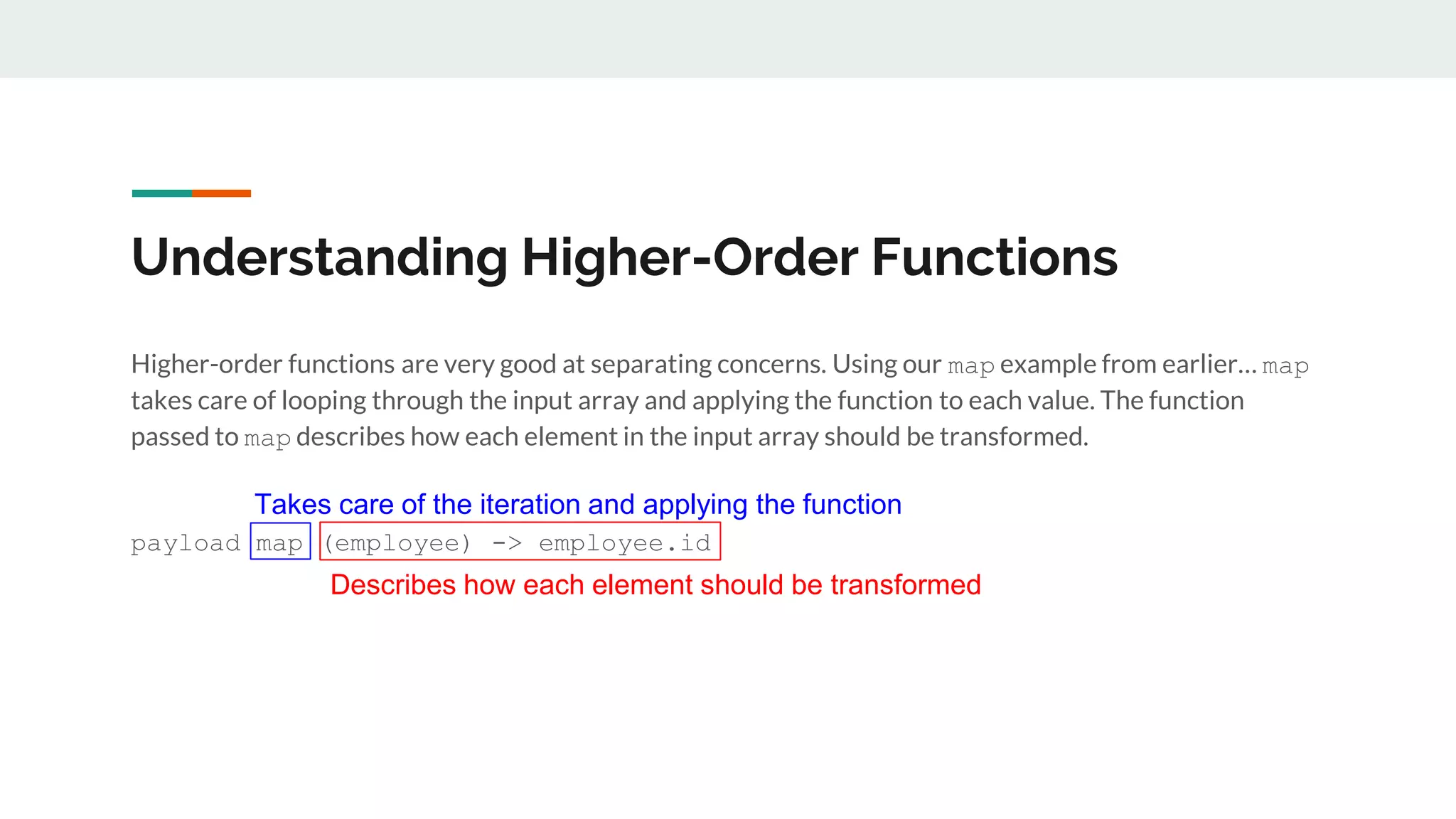 Understanding Higher-Order Functions
Higher-order functions are very good at separating concerns. Using our map example from earlier… map
takes care of looping through the input array and applying the function to each value. The function
passed to map describes how each element in the input array should be transformed.
payload map (employee) -> employee.id
Takes care of the iteration and applying the function
Describes how each element should be transformed
 