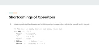 Shortcomings of Operators
1. More complicated lambdas do not lend themselves to organizing code in the more friendly format:
// Add one to each, filter out odds, then sum
arr map (v) -> {
“type” : “integer”,
“n” : v.n + 1,
“time” : now()
} filter (v) -> isEven(v.n)
reduce (v, total=n) n + v.n
 