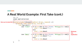 A Real World Example: First Take (cont.)
Use var to name this
Eliminate
this
duplication
 