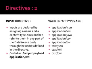 INPUT DIRECTIVE :
 Inputs are declared by
assigning a name and a
content type.You can then
refer to them in any part of
the DataWeave body
through the names defined
in the directive.
 Coded as : %input payload
application/xml
VALID INPUTTYPES ARE :
 application/json
 application/xml
 application/java
 application/csv
 application/dw
 text/json
 text/xml
 text/csv
 