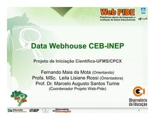 1
Data Webhouse CEB-INEP
Projeto de Iniciação Cientifica-UFMS/CPCX
Fernando Maia da Mota (Orientando)
Profa. MSc. Leila Lisiane Rossi (Orientadora)
Prof. Dr. Marcelo Augusto Santos Turine
(Coordenador Projeto Web-Pide)
 